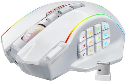 Redragon Wireless Gaming Mouse, MMO Gaming Mouse UP 16,000 DPI, 16 Macro Programmable Buttons, RGB Rechargeable Mouse with 12 Side Buttons, 70Hrs for PC Laptop MOBA FPS, White,M901P-WS