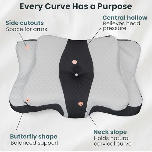 Ergonomic Cervical Neck Pillow for Sleeping – Memory Foam Cervical Pillow for Side Sleepers and Back Sleepers – Contour Neck Support (Black/White)