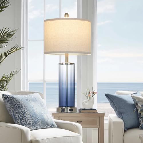 26" Coastal Blue Glass Table Lamps Set of 2, 3-Way Dimmable Touch Control Bedroom Lamp with USB C+A Ports & AC Outlet, Elegant Living Room Lamp, Nautical Bedside Lamps for Nightstand Side End Table