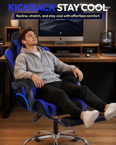 Dowinx Ergonomic Gaming Chair with Footrest & Massage Lumbar, 2D-Linkage Armrests for Computer Chair 330lbs with Headrest Pillow for Office, Home, Streaming and Long Gaming Sessions, Fabric Dark Blue