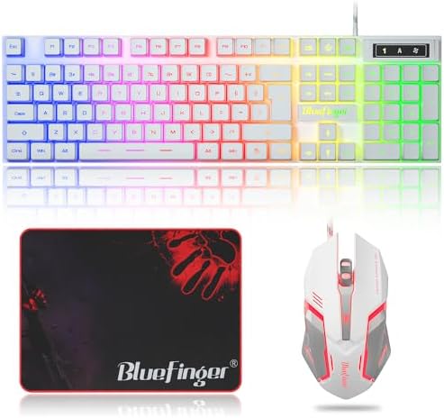 BlueFinger RGB Gaming Keyboard and Backlit Mouse Combo, USB Wired, LED Gaming Set for Laptop PC Computer Game and Work(White)