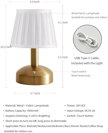KDG Gold Cordless Small Table Lamp, Portable LED Fabric Shade Desk Lamp