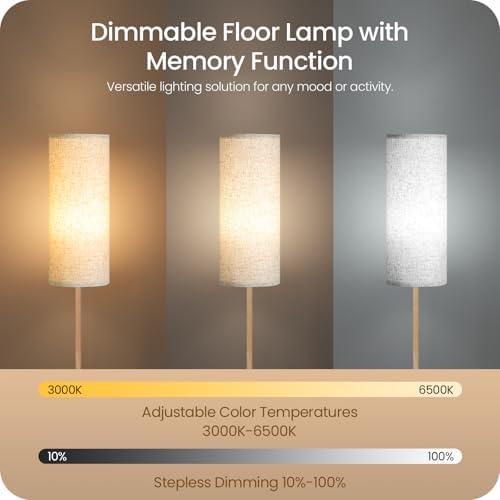 Wooden Textured Pole Lamp, Dimmable Floor Lamps for Living Room with Remote and Foot Switch, 64.4” Standing Tall Lamp, Corner Floor Light for Bedroom, Bulb Included, 3000K-6500K, FCC Listed XE06LD05W1