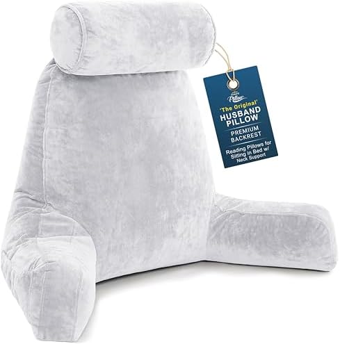 Husband Pillow XXL The Original for Adults - 30" Tall Backrest for Sitting Up in Bed - Firm Support Reading & Bed Rest Pillows for Adults, Neck Roll, Removable Cover - TV - Light Grey