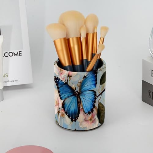 Desk Organizer Pen Holder for Desk, Blue Butterfly on Blossom Pencil Holder, Large Capacity Pen Cup Makeup Brush Holders Desktop Office Supplies Storage Organizer