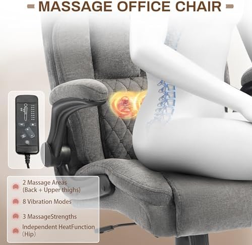 Massage Office Chair, 500LBS Ergonomic Rocking Executive Desk Chairs with 4 Points Vibration&Heat,Padded Flip-up Armrests for Big and Tall Office Chair,Swivel Computer Chair Thicken Back,Grey