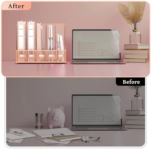 SUPEASY Desk Organizers Metal Desk Magazine File Holder with 5 Vertical Compartments Rack File Organizer for Office Desktop, Home Workspace, Rose Gold, Plus