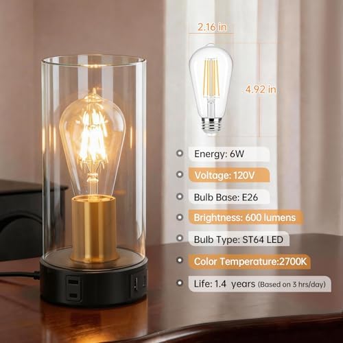Touch Control Bedside Lamp with Charging Station，Black Gold Small Lamp