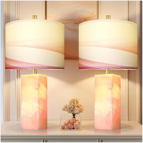 Scenekoy 23" Alabaster Table Lamp Set of 2 with Night Light for Bedroom