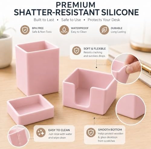 minimaliving Aesthetic Silicone Desk Organizer Set of 3,Modern Office Desk Accessories with Pen Holder,Paperclip Tray,Sticky Note Holder,Stylish Functional Office Desk Decor for Back-to-school(Pink)