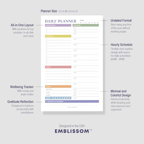 Daily Planner Notepad, 5.5 x 8.5" Tear-Off Pad – 70 Undated Sheets Focus-Enhancing Desktop Organizer with Hourly Schedule, To-Do List for Work, School (White, Colorful, 2 Pack)