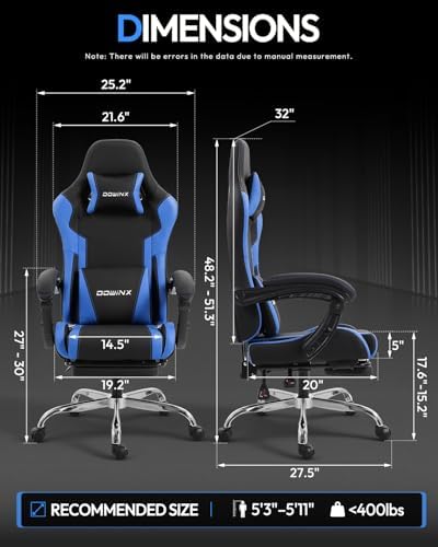 Dowinx Ergonomic Gaming Chair with Footrest & Massage Lumbar, 2D-Linkage Armrests for Computer Chair 330lbs with Headrest Pillow for Office, Home, Streaming and Long Gaming Sessions, Blue