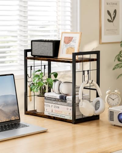 2-Tier Desktop Bookshelf, Desk Shelf Organizer, Rustic Brown