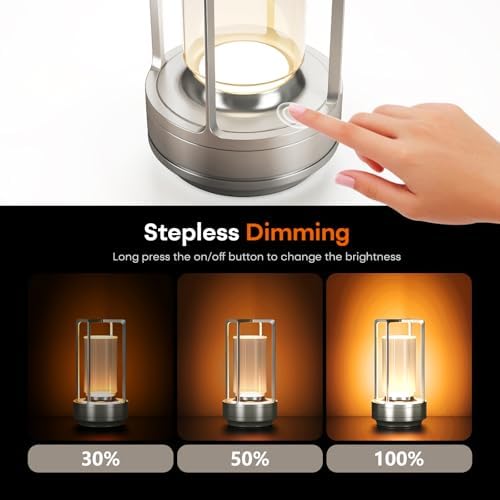 Rechargeable Cordless Small Metal Table Lamp, Stepless Dimming, 3-Color