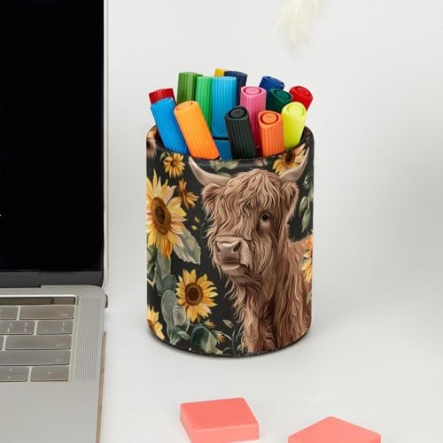 Pen Holder for Desk, Highland Cow Sunflowers Pencil Holder Desk Organizer, Large Capacity Pen Cup Makeup Brush Holders Desktop Office Supplies Storage Organizer