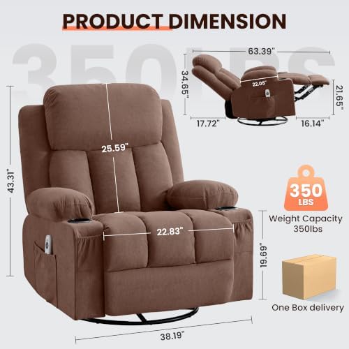 MAHOMICO Swivel Rocker Recliner Chair with Vibration Massage and Heat for Living Room,with Rocking Function and Side Pocket, USB Charge Port,2 Cup Holders