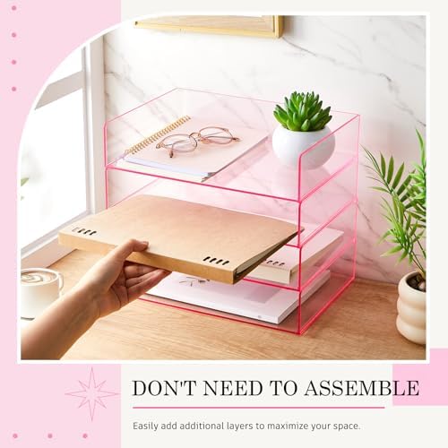 Harloon 4 Tier Paper Organizer Letter Tray Pink Acrylic Desk File Organizer Heavy Duty Stackable Documents Clear Letter Paper Holder Office Tray for A4, Office Classroom Home File Pad Notebooks