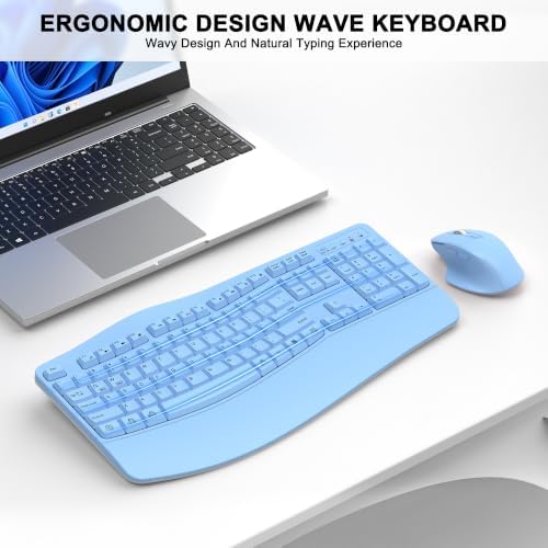 Wireless Keyboard and Mouse Combo, 2.4G Ergonomic Wave Keys(Sky Blue)