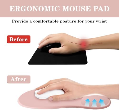 Mouse Pad with Wrist Rest,Ergonomic Mouse Pad with Comfortable Gel Wrist Rest Support and Non-Slip PU Base for Easy Typing Pain Relief, Durable and Washable(Pink)
