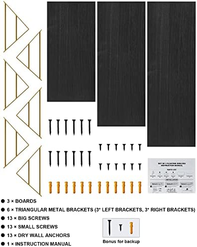 BAYKA Wall Mounted Floating Shelves (Black and Gold, Set of 3, 16" Mixed)
