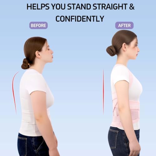 Posture Corrector for Women and Men, Full Back Brace for Posture Support, Adjustable Shoulder Straightener with Waist Belt, Breathable Upper Back Brace for Hunchback Posture, Daily Back Support Pink, Large