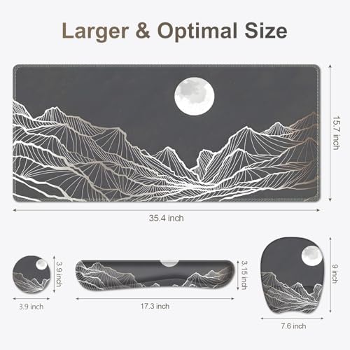 Large Mouse Pad, Keyboard Wrist Rest Set, Ergonomic Mouse Pad with Wrist Support, Desk Mat with Stitched Edges + Coaster, Extended Desk Pad Waterproof Desk Mat for Home Office Game I Moon and Valley