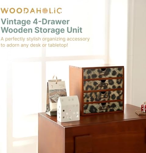 Classic Leopard Print Wooden Desk Organizer - 4-Drawer Desktop Storage - Rustic Wood Cabinet for Office Supplies, Craft Tools, & Home Organization - Luxurious Drawer Unit