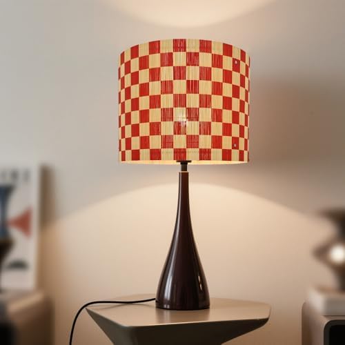 Modern Lamp Shade with Colorful and Natural Checkered Pattern Bamboo Made, Translucent Drum Shape, 11.8 Inch for Table and Floor Lamps, Ideal for livingroom bedroom (Red)