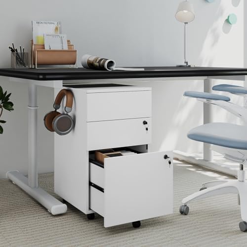 LOKO Mobile File Cabinet with 3 Drawers, Under Desk File Organizer (White)