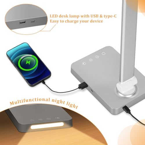 Dott Arts LED Desk Lamp with USB Ports,Touch Desk Lamps for Home Office with 5 Color Modes,3 Brightness Desk Light with Small Night Light,Reading Lamp Table LED Lamp for Bedroom Bedsid Study Sliver
