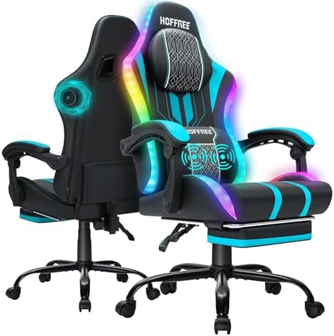 HOFFREE LED Gaming Chair with Bluetooth Speaker RGB Lights Game Chair-Blue