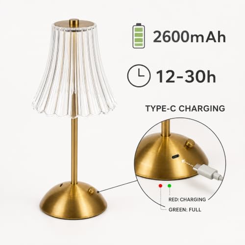 Cordless Table Lamps for Home,Table,Dining Room, Gold Rechargeable Lamps, USB Charge 12'' Tall LED Brass Portable Outdoor Indoor Table Lamp with Built-in Dimmer (Clear)