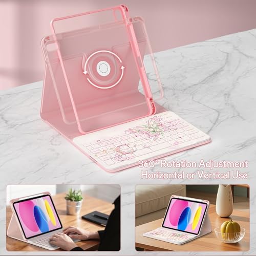 YBING Keyboard Case for iPad 10th Gen 10.9 inch(2022) & 11th Gen(A16, 2025), Painted Patterns Detachable Keypad & Rotatable Magnetic Case with Pencil Holder (Butterfly Pink)