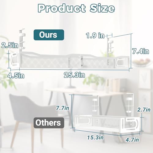 Cable Management Under Desk, 25.3'' No Drill Desk Cable Management Tray with Clamp, Metal Cord Organizer for Standing Desk, Computer Wire Management for Home Office & Gaming Setup, White