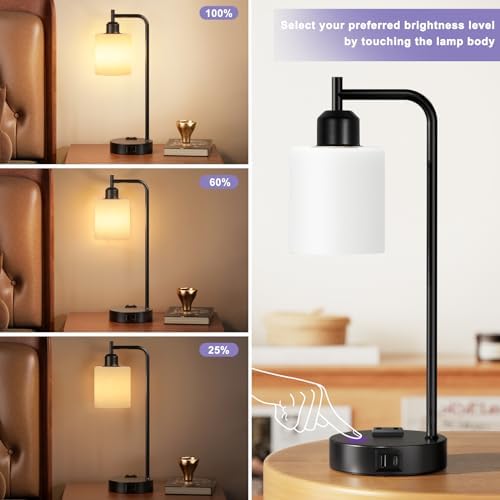 Industrial Touch Bedside Lamps for Bedrooms Set of 2 - 3-Way Dimmable Nightstand Lamps with USB C+A Ports and Outlet, Table Lamps with Opal Glass Shade for Living Room, Desk Lamps for Home Office