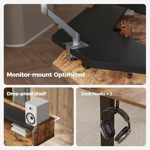 Agilestic 63 Inch L Shaped Electric Standing Desk with Shelf, Rustic Brown