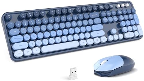 MOFII Wireless Keyboard and Mouse Combo, Full Size 2.4G Plug and Play Typewriter Retro Round Computer Keyboard and Mouse Set for Windows, Computer, Desktop, PC, Notebook - (Sea Blue Gradient)