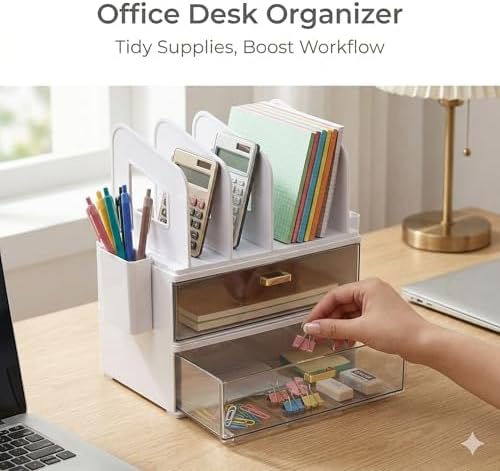 CiWiVOKi Desk Organizer with 4 File Slots and 2 Drawers, White