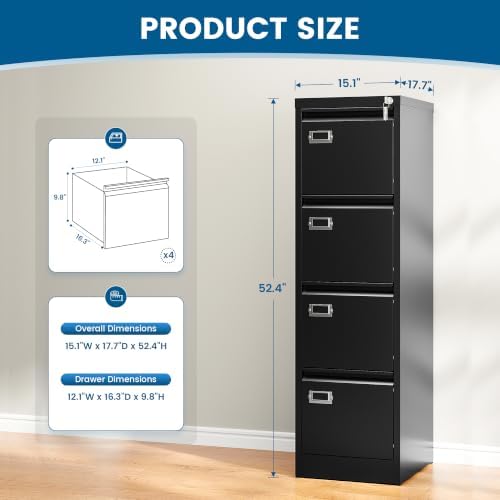 PEUKC 4 Drawer File Cabinet, Vertical Filing Cabinets with Lock, Metal File Cabinets for Home Office, Anti-Tip 4 Storage Drawers for Letter/Legal/A4/F4 Size (Assemble Required, Black)