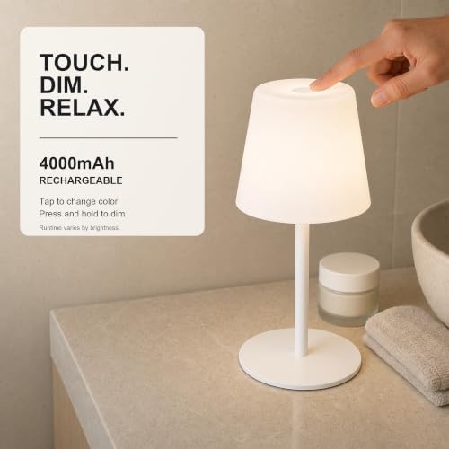 Rechargeable Cordless Table Lamp, IP65 Waterproof Touch Night Light with 4000mAh Battery, 3 Color Temperatures and Stepless Dimming for Bathroom, Nursery, Bedside and Skincare, White