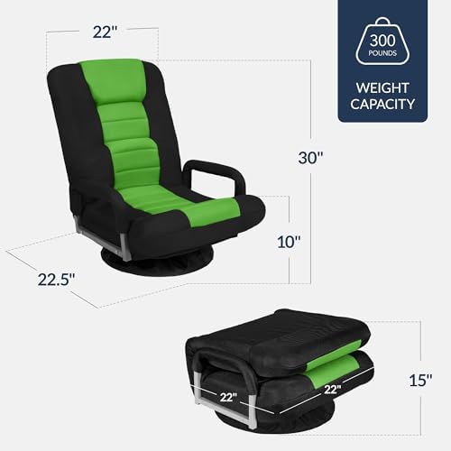 Best Choice Products Swivel Gaming Chair 360 Degree Multipurpose Floor Chair Rocker for TV, Reading, Playing Video Games w/Lumbar Support, Armrest Handles, Adjustable Foldable Backrest - Black/Green