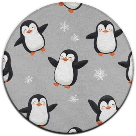 Soft Round Yoga Carpet, Office Chair Decor Round Mat for Carpet and Hardwood Floors Cute Penguin Grey