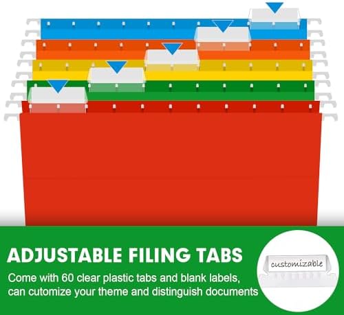 Extra Capacity Hanging File Folders, RAZCC 60 Pack Letter Size Reinforced Hanging Folders with Heavy Duty 1 Inch Expansion for Bulky Files, Filing Cabinet, Adjustable Tabs, Assorted Colors