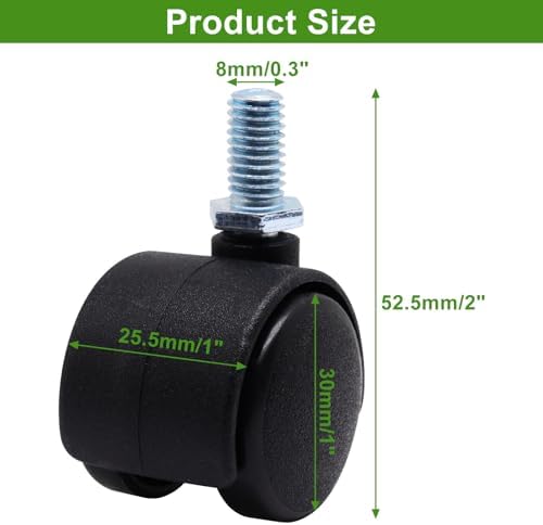 Plastic Caster Wheels 1 Inch, M8 Threaded Swivel Casters Set of 4, Black Nylon Replacement Casters Wheels for Furniture Table Cabinet Office Chair