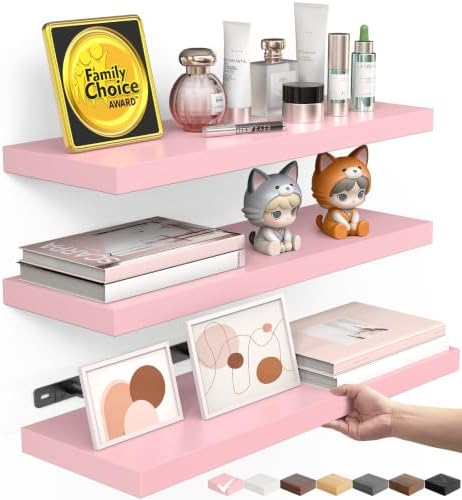 BAYKA Pink Floating Shelves 15.7in, Set of 3, Wall Mounted for Wall Decor