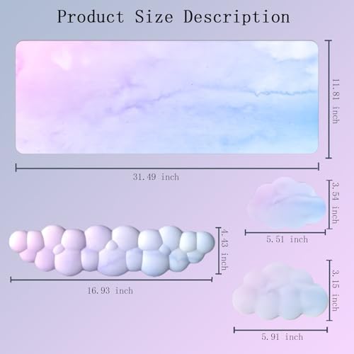 Cloud Mouse Pad and Keyboard Wrist Rest 4PCS Extended Large Desk Mat Pad Set Memory Foam Non-Slip Ergonomic Gaming Mouse Pad Wrist Support for Computer Laptop Home Office Cute Pink Blue Sky