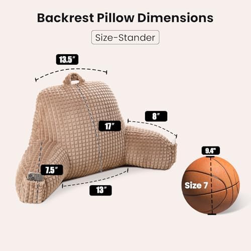 Reading Pillow with Arms for Sitting in Bed,Backrest,Khaki Flannel,M