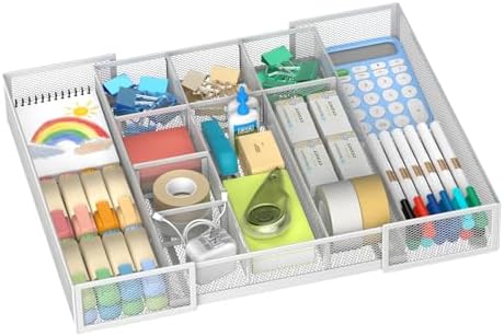 Expandable Desk Drawer Organizer, 10 Adjustable Compartments, White