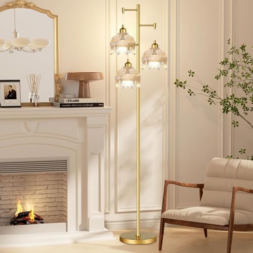 ZECOXOL Gold Floor Lamps for Living Room 3 Lights Floor Lamp with Glass Lampshape & Three Led Bulb,Mid Century Standing Lamp Vintage Brass Tall Lamp Tree Floor Lamp for Bedroom Corner