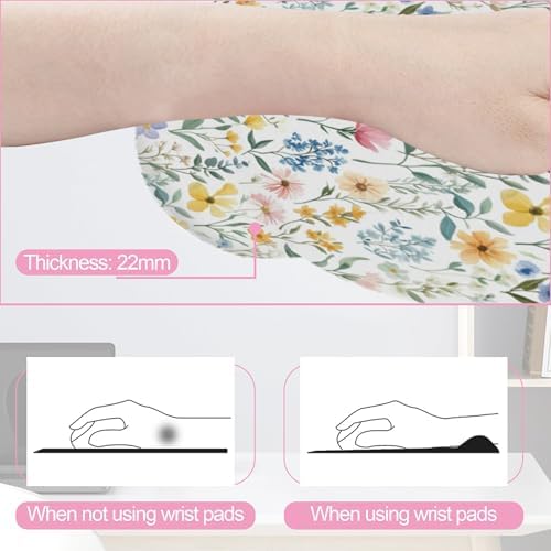 Wildflowers Leaves Mouse Pad with Wrist Rest and Keyboard Wrist Rest Set, Spring Colorful Flowers Non-Slip Rubber Base Memory Foam Mouse Pad Set for Women, Office Desk Accessories, Gaming